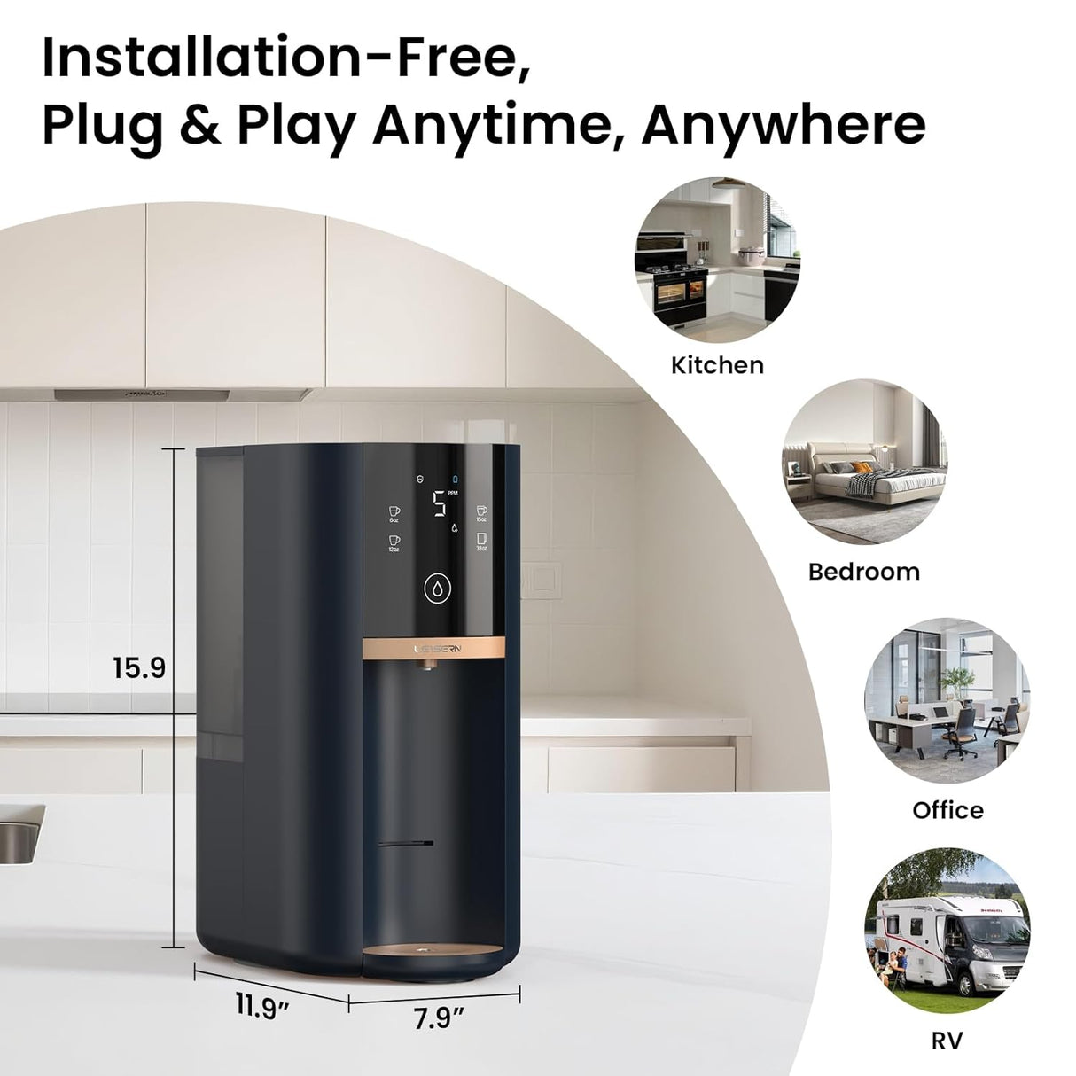 Countertop Reverse Osmosis Water Filter, 5 Stage RO Water Filtration System with UV, 4:1 Pure to Drain, Innovative 360° Swivel Base, Portable No Installation Water Purifier with Water Pitcher